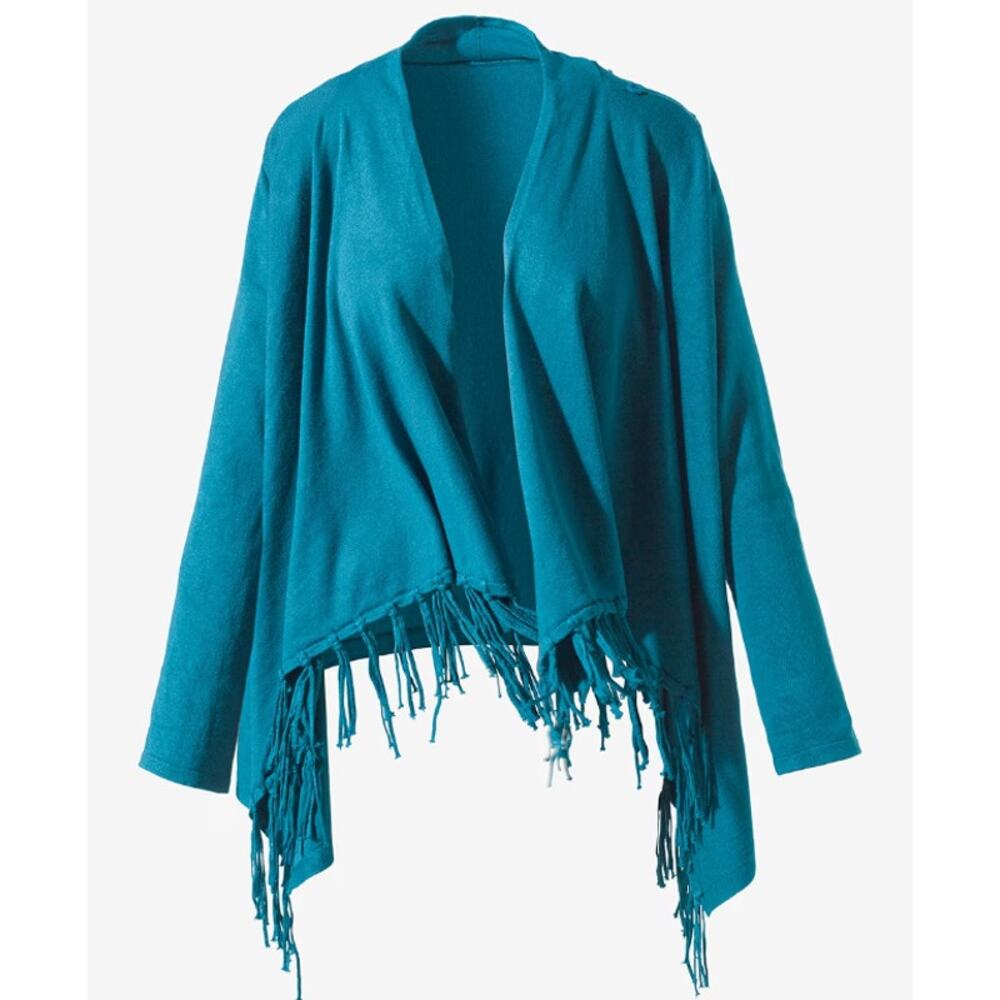 Chico's Sz 0 Small Teal Convertible Cowl Fringe Poncho Wrap Cardigan Sweater‎